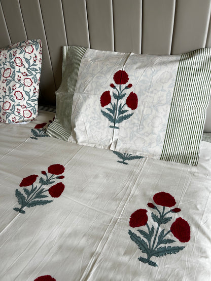 Red Floral Beige Base Hand Block Printed Cotton Bedsheet