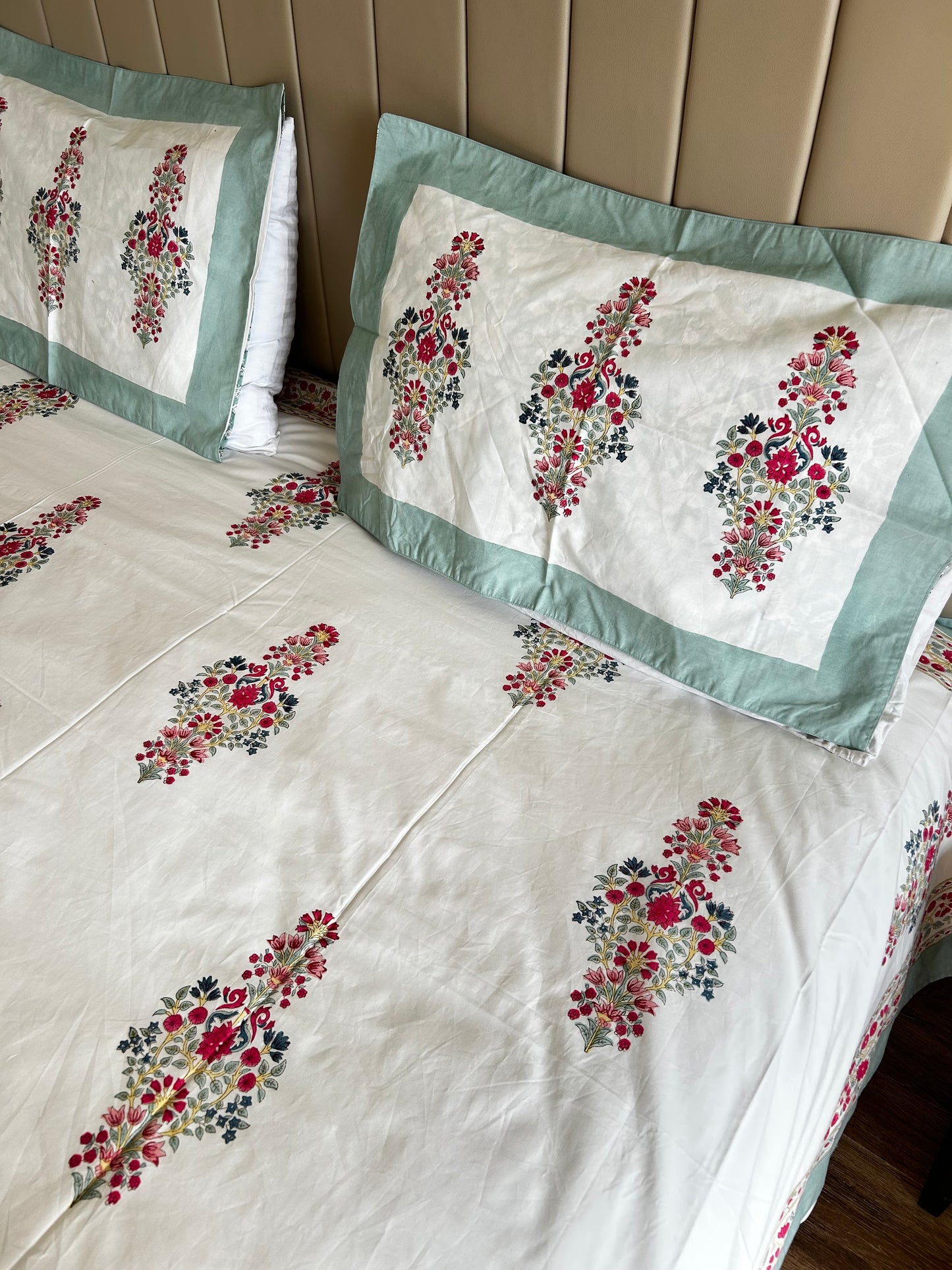 Pink Floral Block Printed Cotton Bedsheet