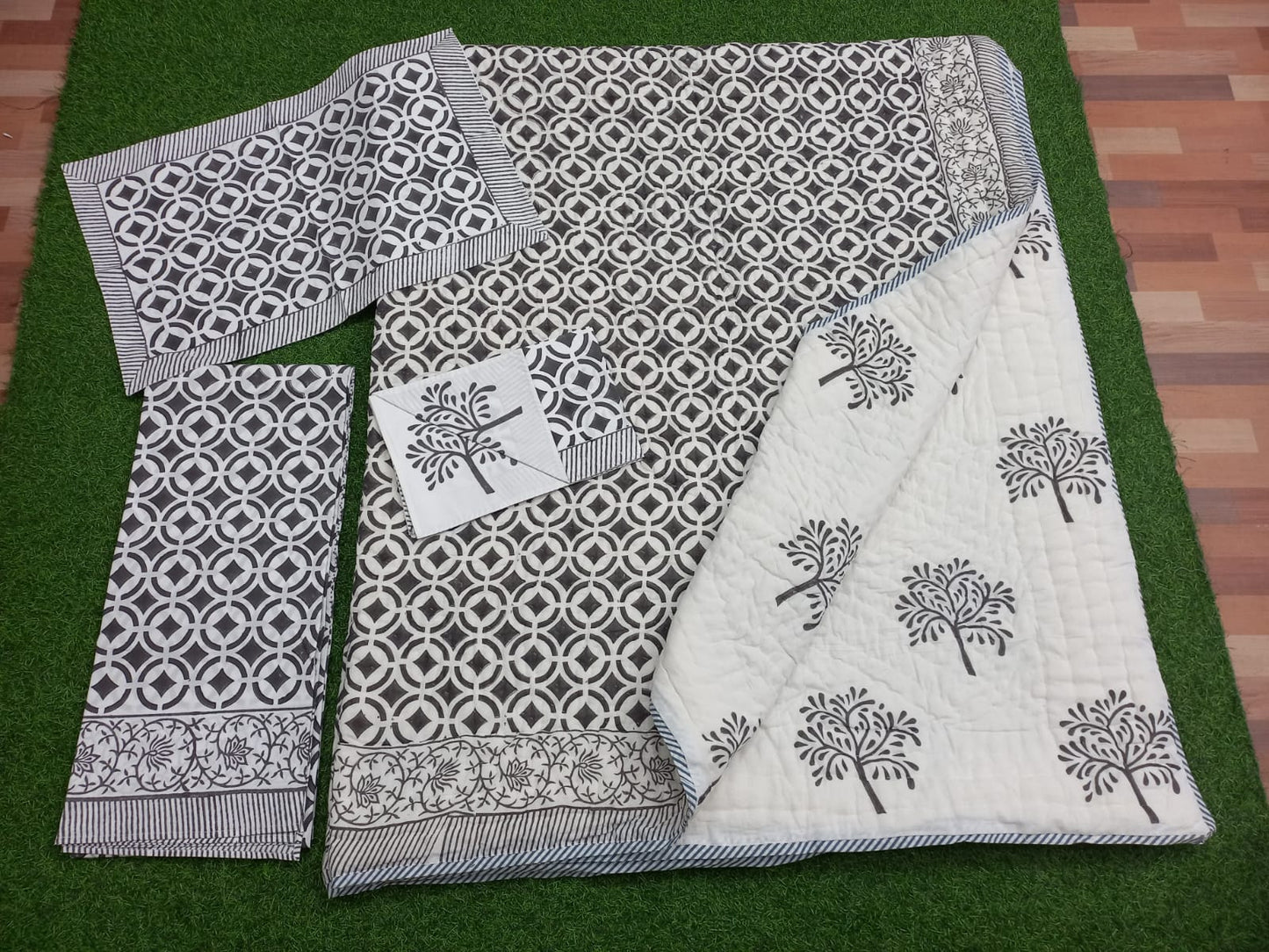 Blackish Grey Handblock Printed Matching Quilt Reversible With Bedsheet
