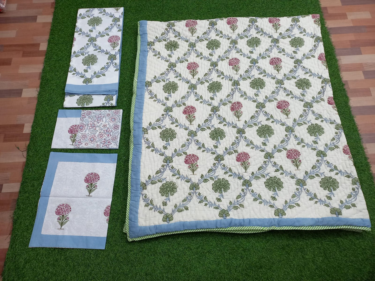 Blue Jaal Floral Handblock Printed Matching Quilt Reversible With Bedsheet