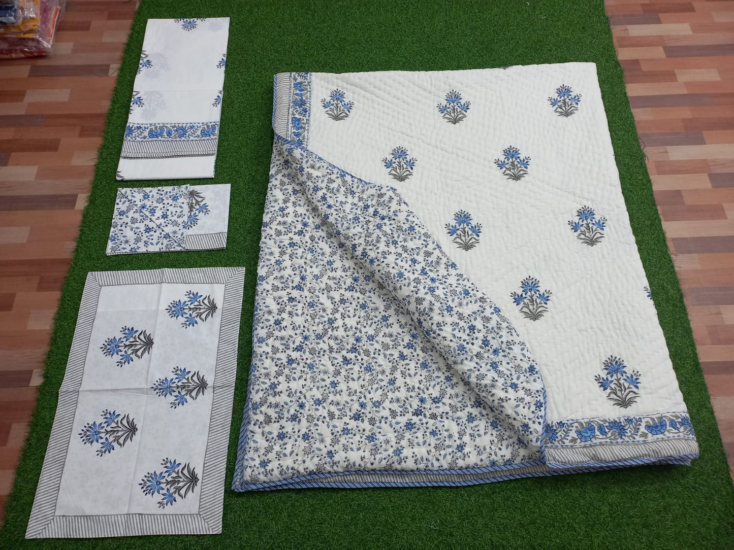 Blue Motifs Hand block Printed Matching Quilt Reversible With Bedsheet