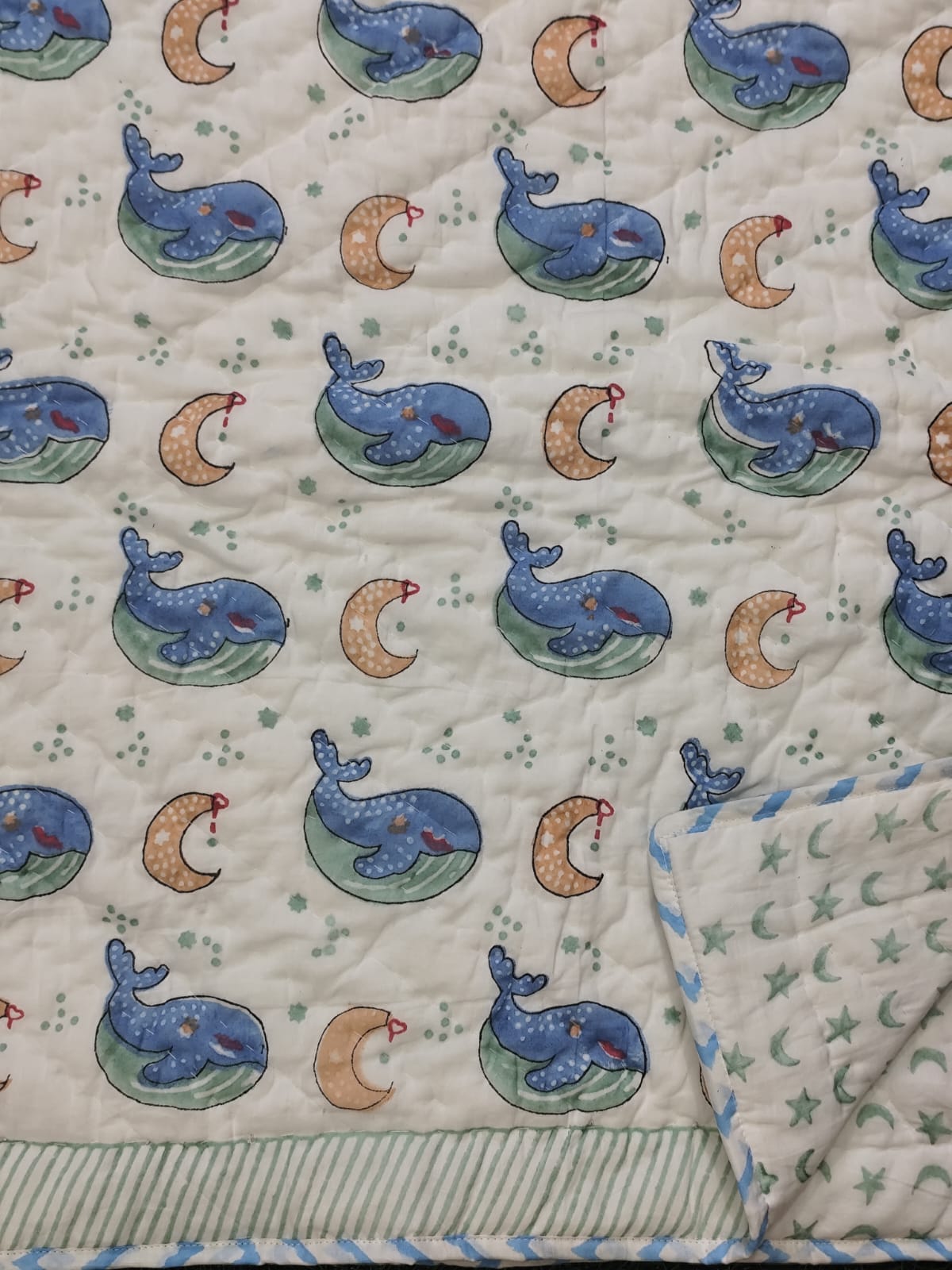 Whale Handblock Printed Reversible Soft Baby Quilt