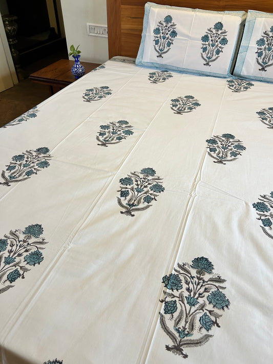 Calming Blue Motifs Block Printed Cotton Bedsheet