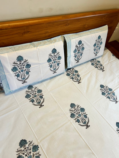 Calming Blue Motifs Block Printed Cotton Bedsheet