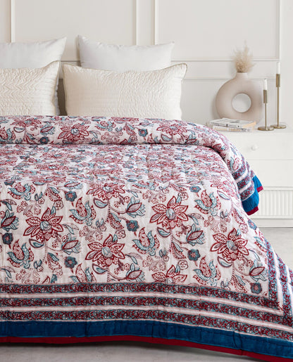 Cobalt Blue Reversible Handblock Printed Cotton Quilt
