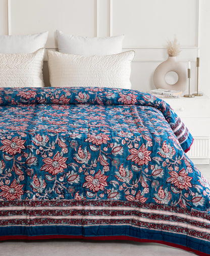 Cobalt Blue Reversible Handblock Printed Cotton Quilt