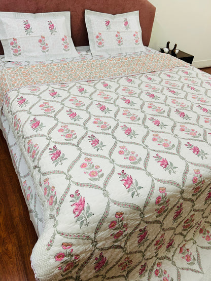 Pink Floral Jaal Reversible Handblock Printed Cotton Quilt
