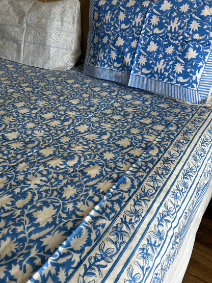 Blue Meadows Hand Block Printed Pure Cotton Bedsheet