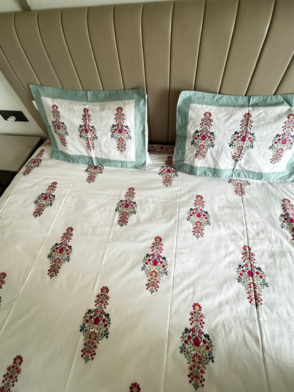 Pink Floral Block Printed Cotton Bedsheet
