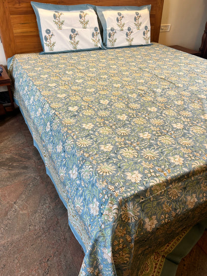 French Blue Floral Block Printed Cotton Bedsheet