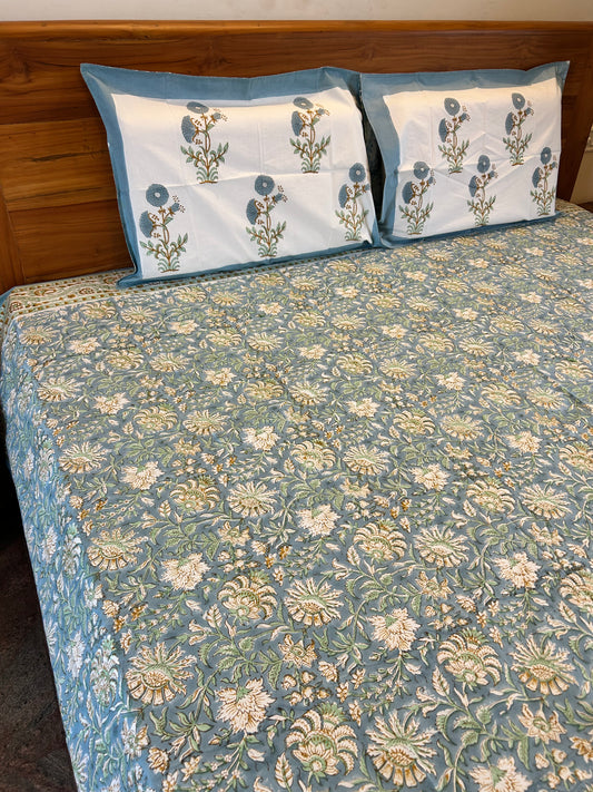 French Blue Floral Block Printed Cotton Bedsheet