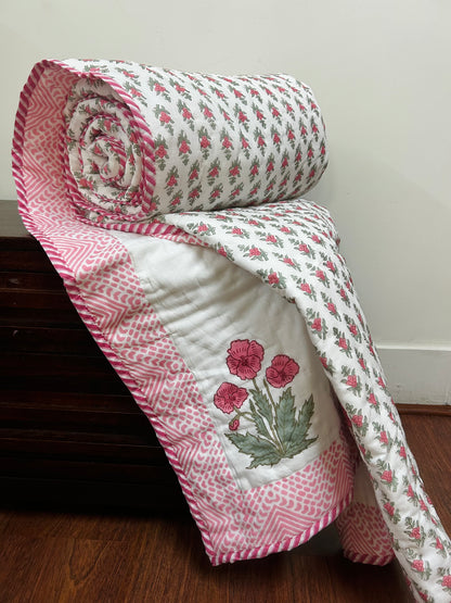 Blush Pink Floral Reversible HandBlock Printed Quilt