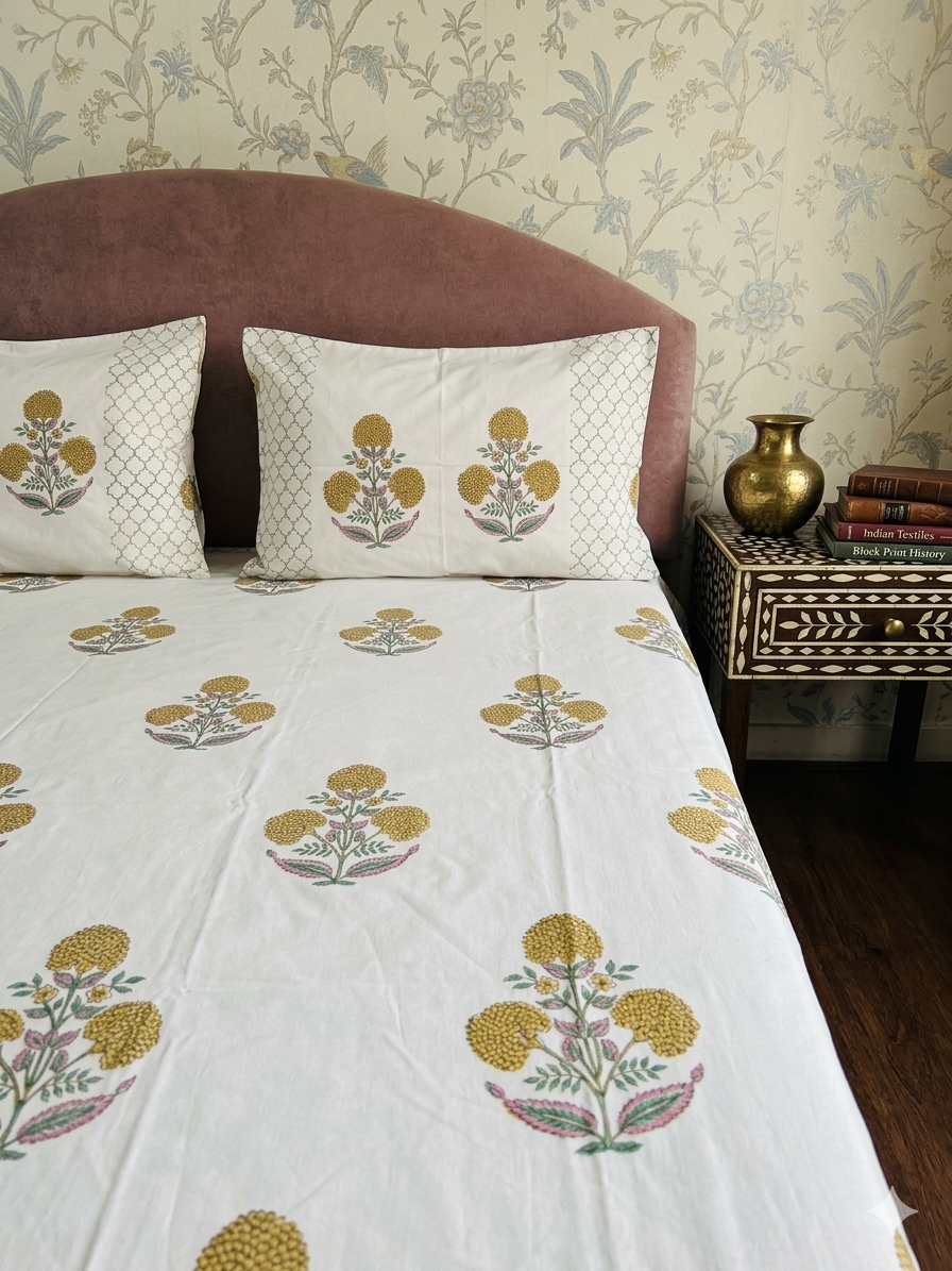 Yellow Marigold Floral Block Printed Cotton Bedsheet