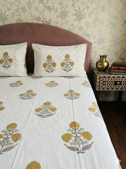 Yellow Marigold Floral Block Printed Cotton Bedsheet