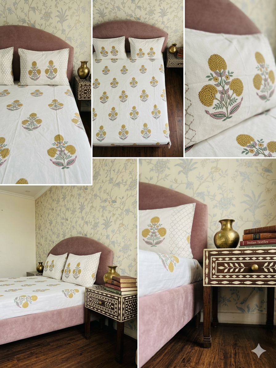 Yellow Marigold Floral Block Printed Cotton Bedsheet