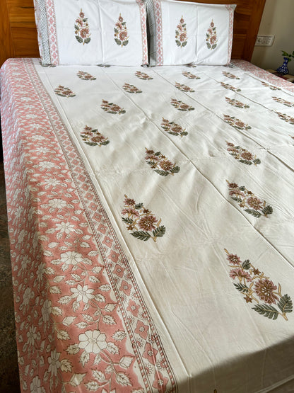 Flowers and Bushes Block Printed Cotton Bedsheet