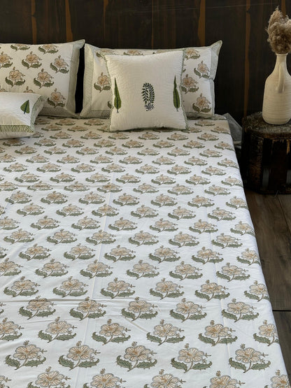 Flowers Block Printed Cotton Queen size Bedsheet