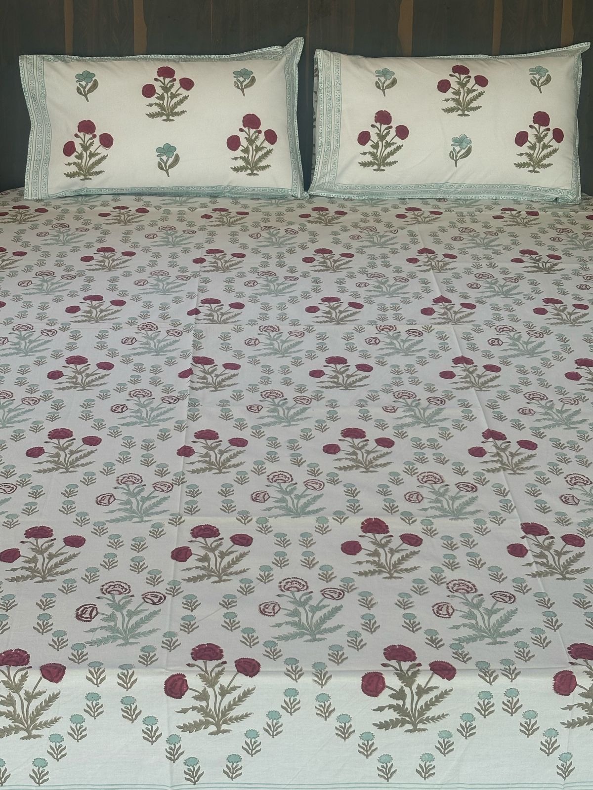 Floral Block Printed Cotton Queen size Bedsheet