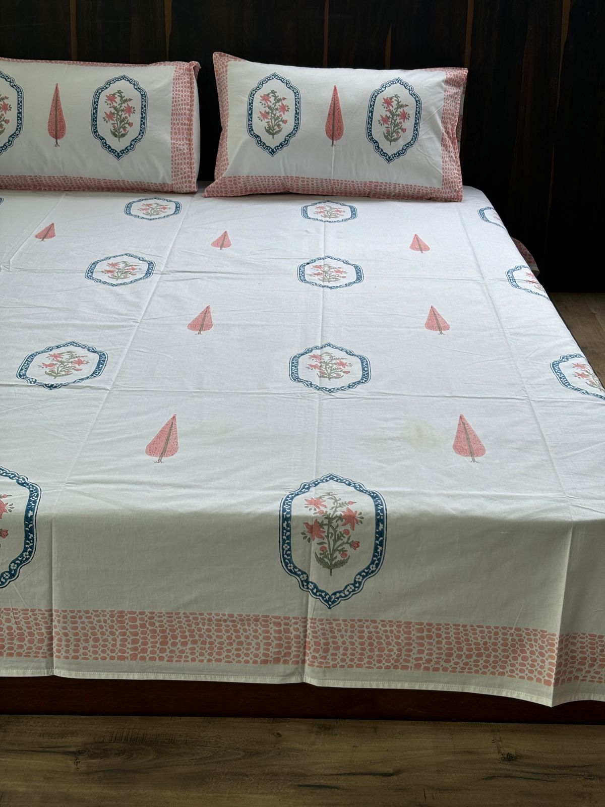 Mul Mul Pink Floral Block Printed Cotton Queen size Bedsheet
