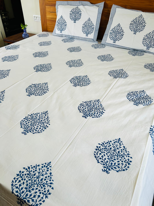 Indigo Motif Block Printed Cotton Bedsheet