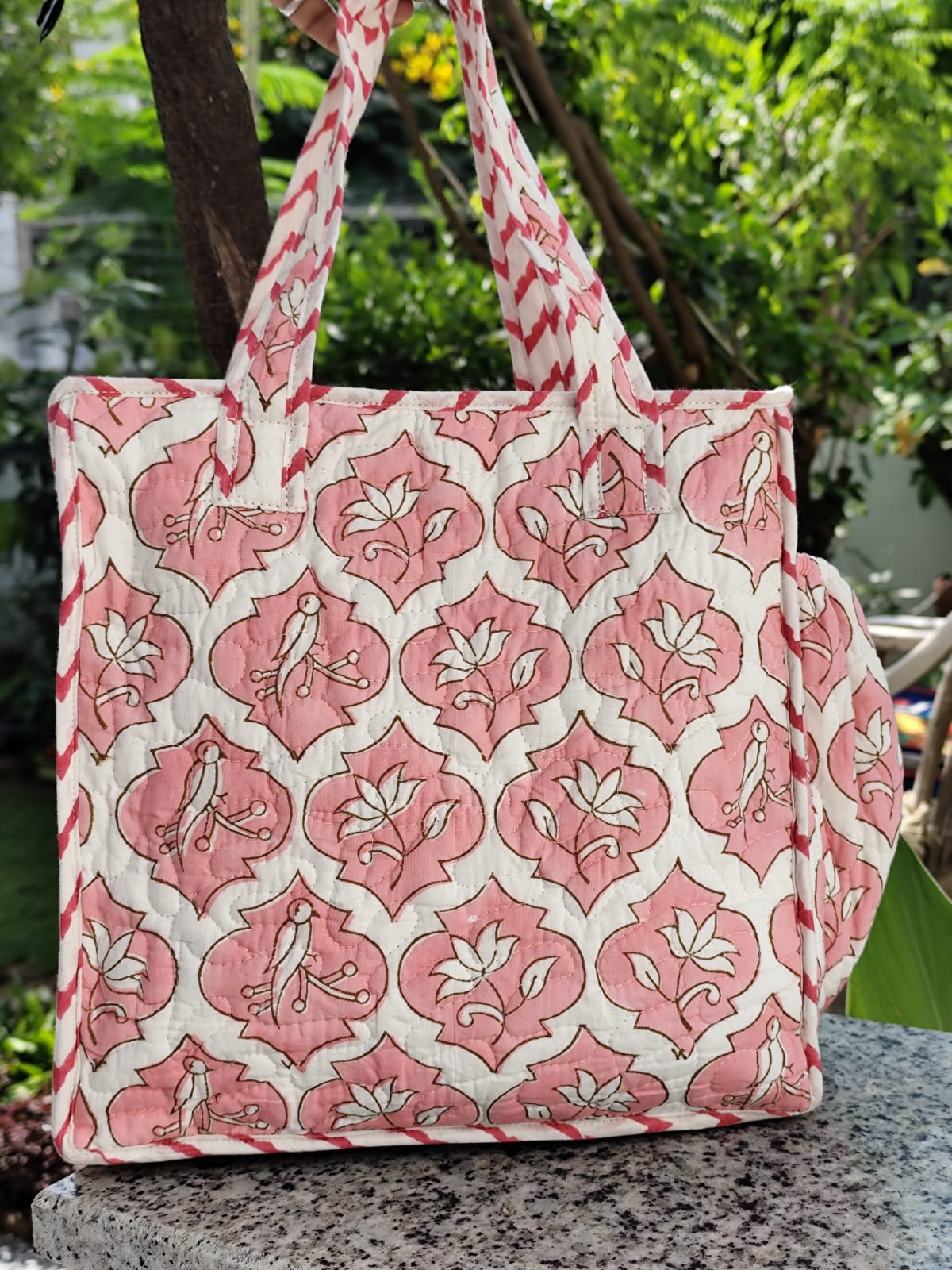 Jaal Pink Quilted Hand block Printed Lunch Bag With Zip