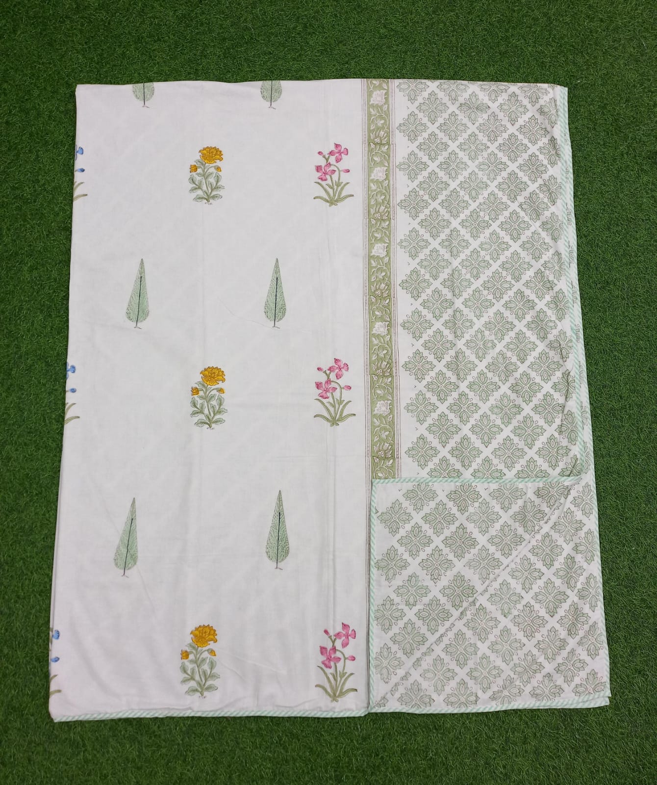 Light Green Reversible Hand Block Printed Mul Cotton Dohar
