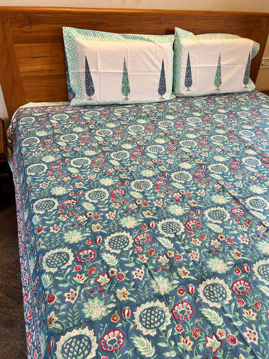 Midnight Blue Block Printed Bedsheet