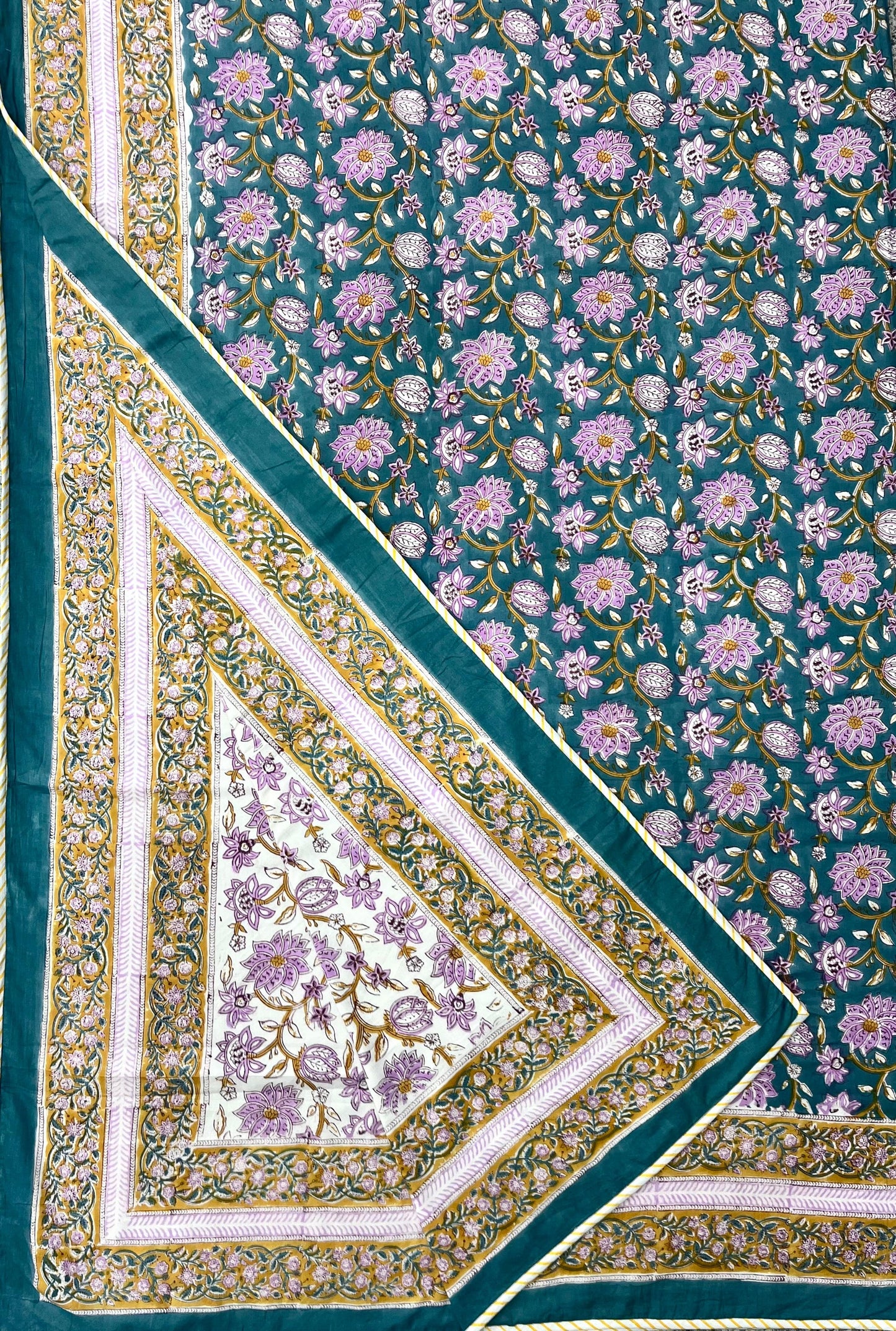 Midnight Green Floral Reversible Hand Block Printed Mul Cotton Dohar