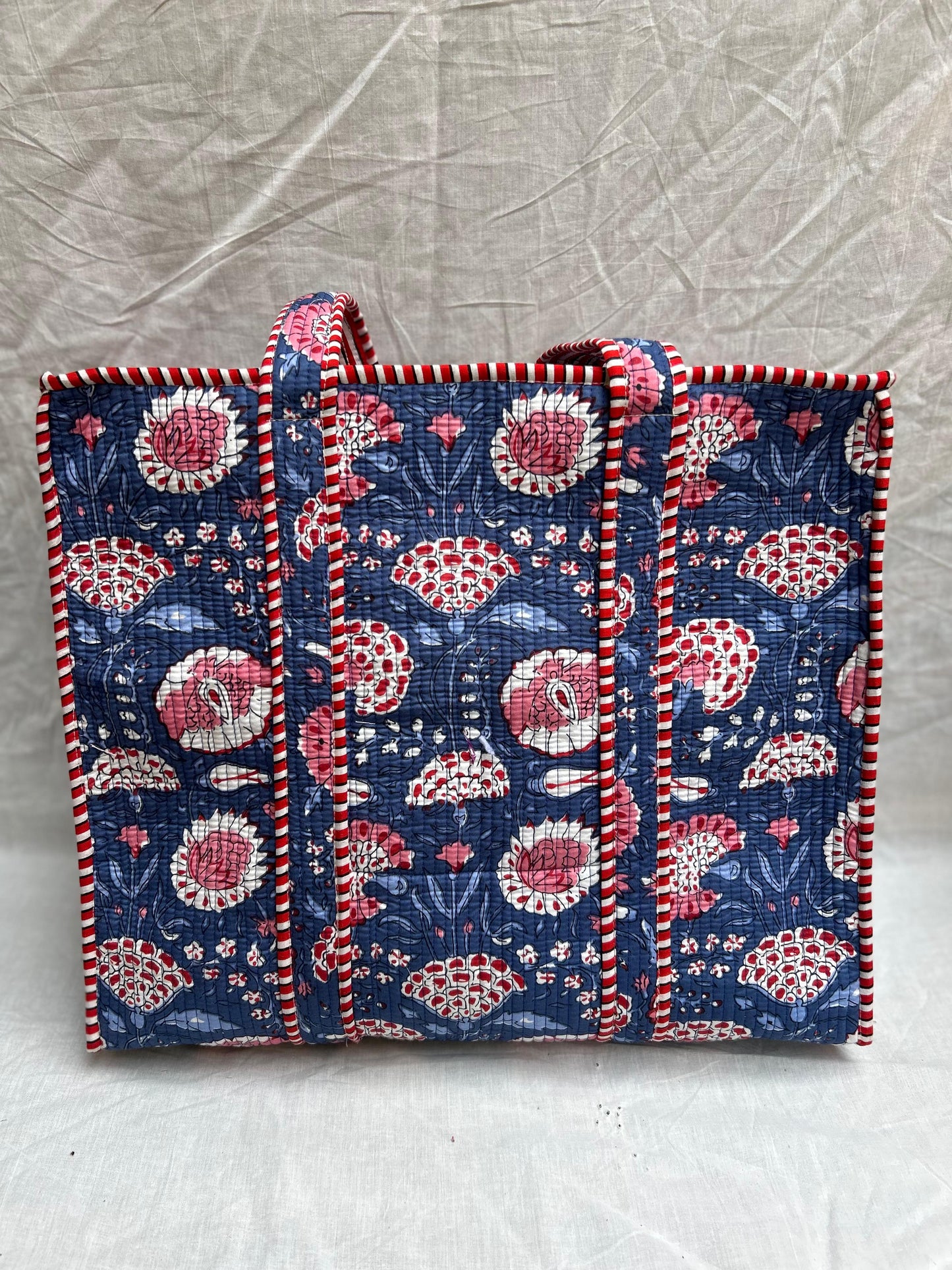 Navy Flower Quilted Tote Bags With Zip