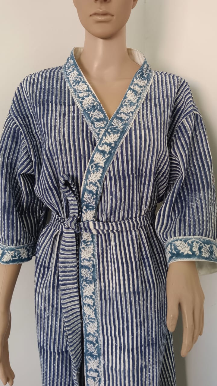 Navy Stripes Hand Block Print Adult Bath Robes