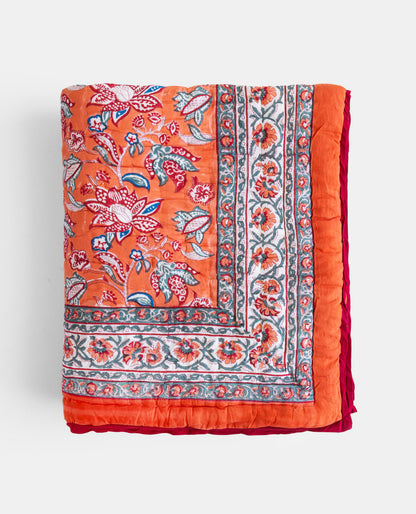 Orange Floral Reversible Handblock Printed Cotton Quilt