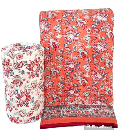 Orange Floral Reversible Handblock Printed Cotton Quilt