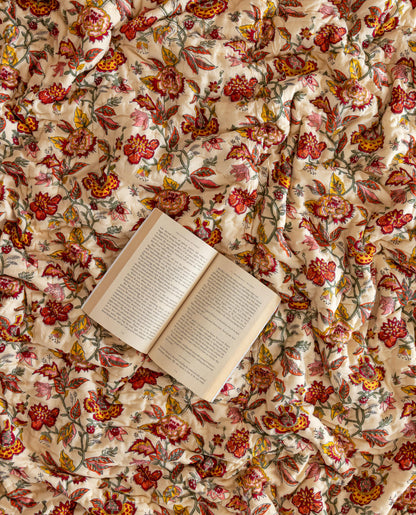 Red Floral Reversible Handblock Printed Cotton Quilt