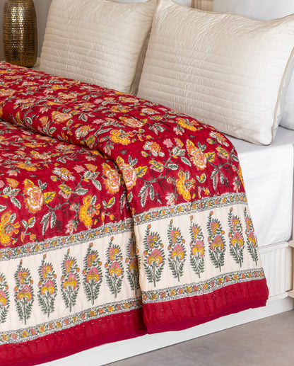 Red Floral Reversible Handblock Printed Cotton Quilt