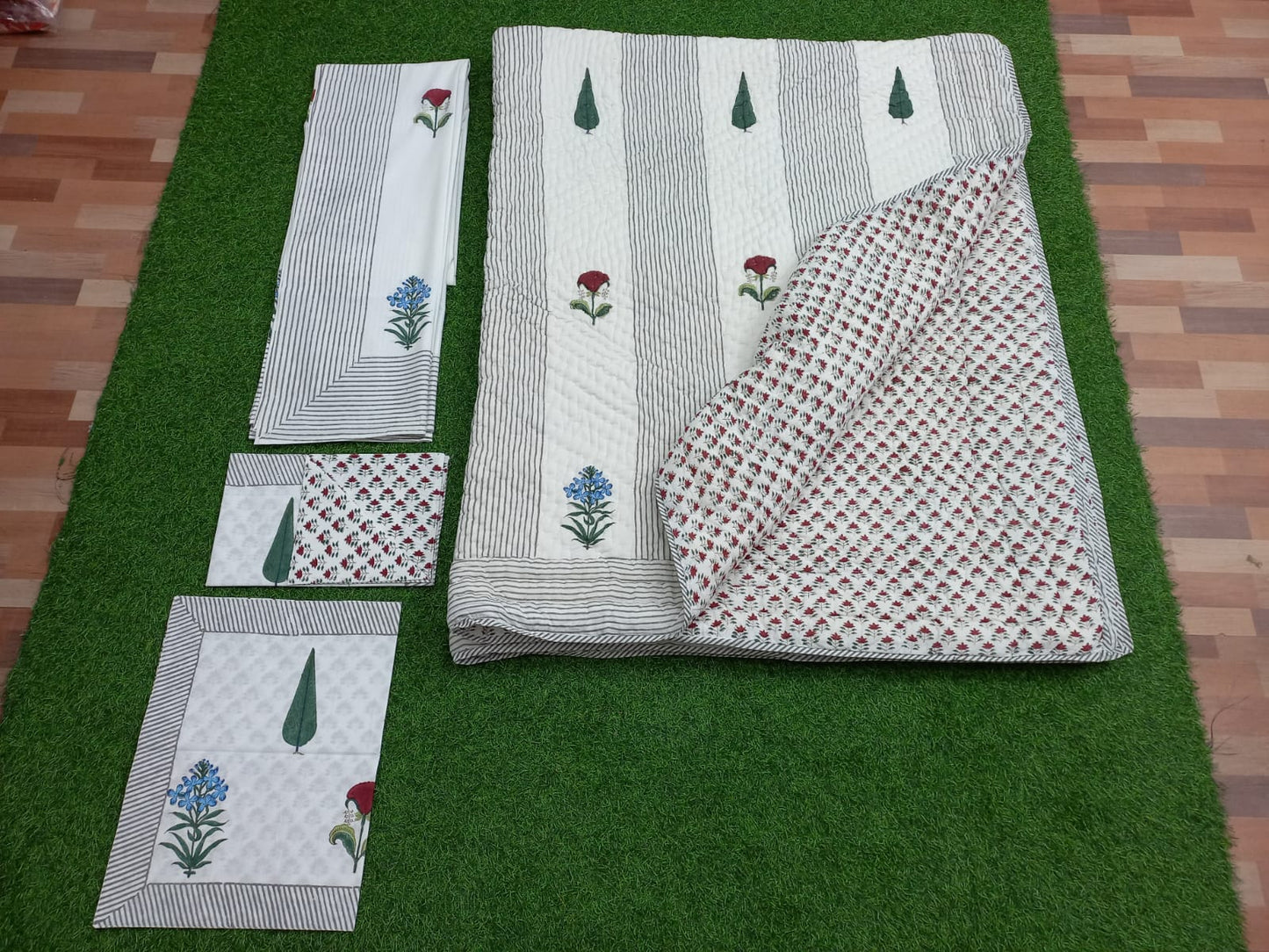 Red Pine Flowers Hand block Printed Matching Quilt Reversible With Bedsheet