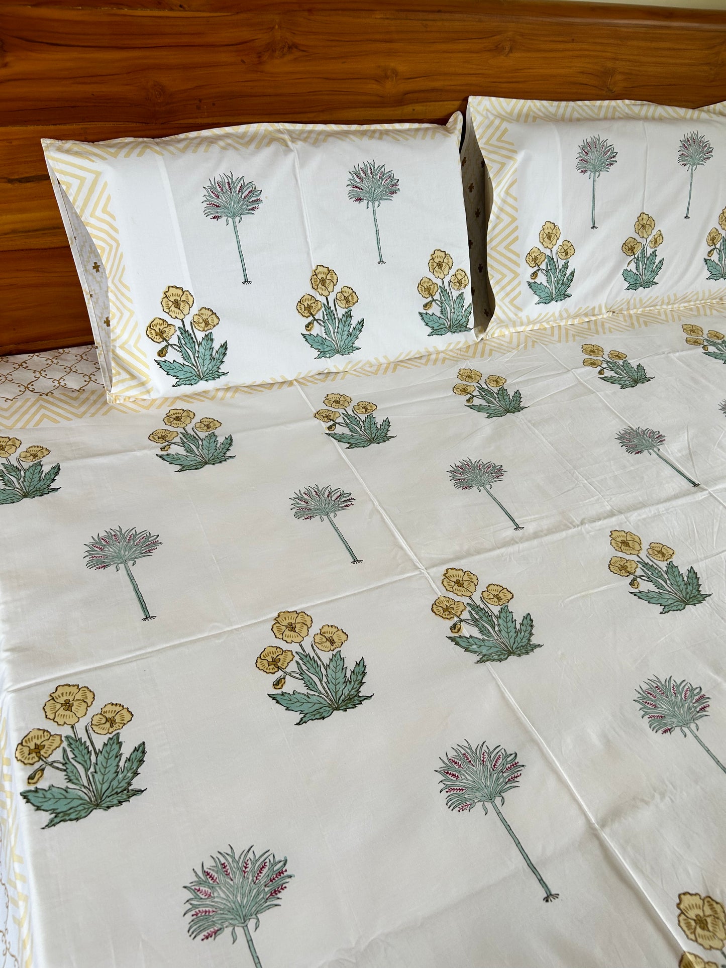 Sandy Flowers Block Printed Cotton Bedsheet