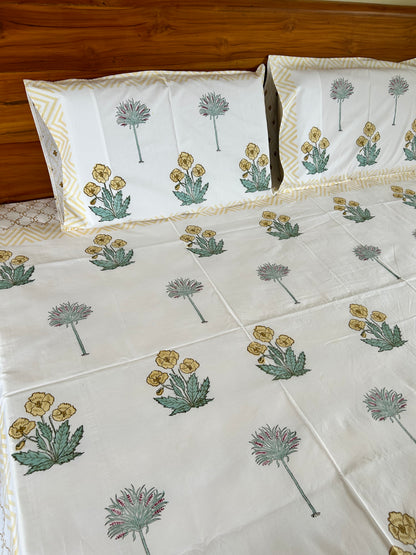 Sandy Flowers Block Printed Cotton Bedsheet