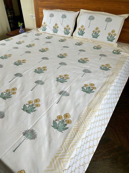 Sandy Flowers Block Printed Cotton Bedsheet
