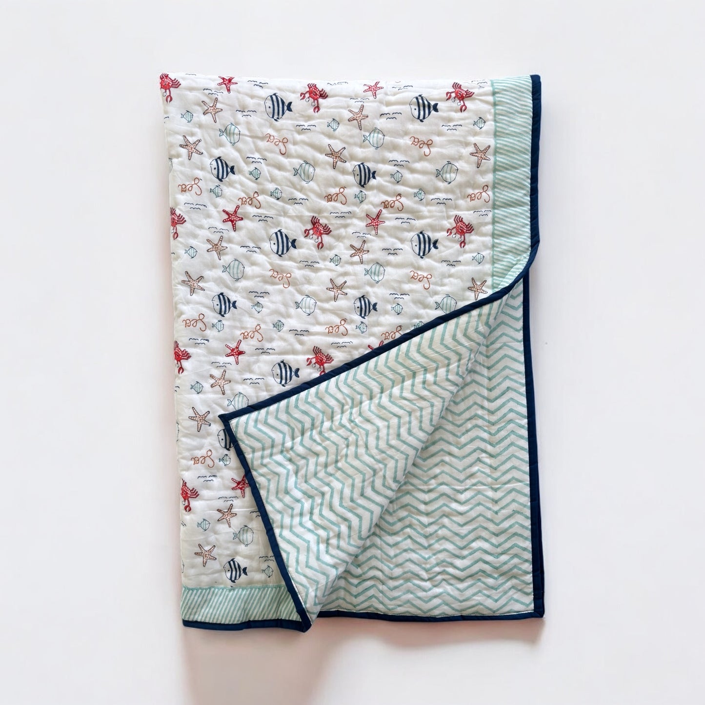 Sea Theme Handblock Printed Reversible Soft Baby Quilt