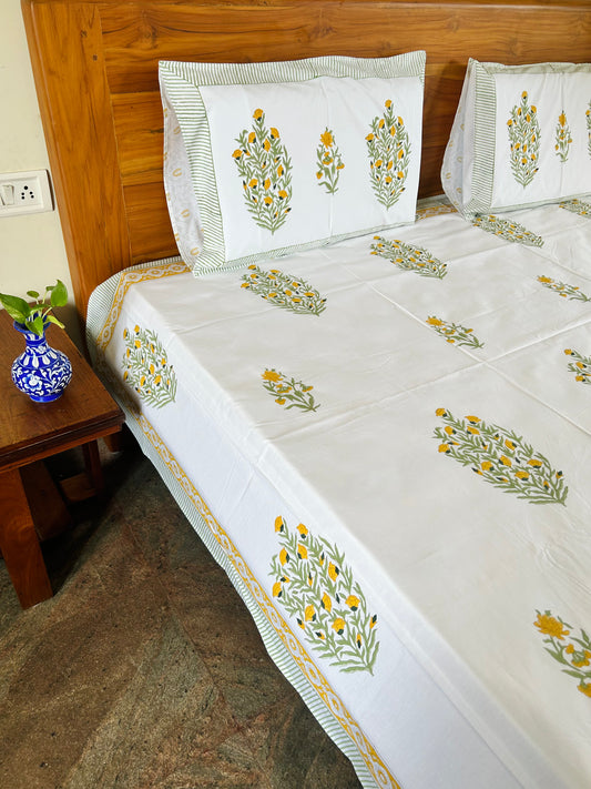 Sunshine Yellow Motif Block Printed Cotton Bedsheet
