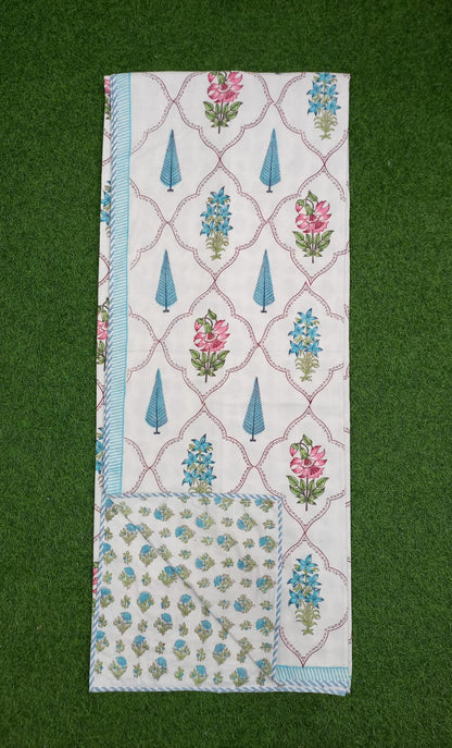 Blue Jaal Hand block Printed Matching Dohar Reversible With Bedsheet