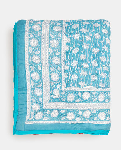 Teal Blue Reversible Handblock Printed Cotton Quilt