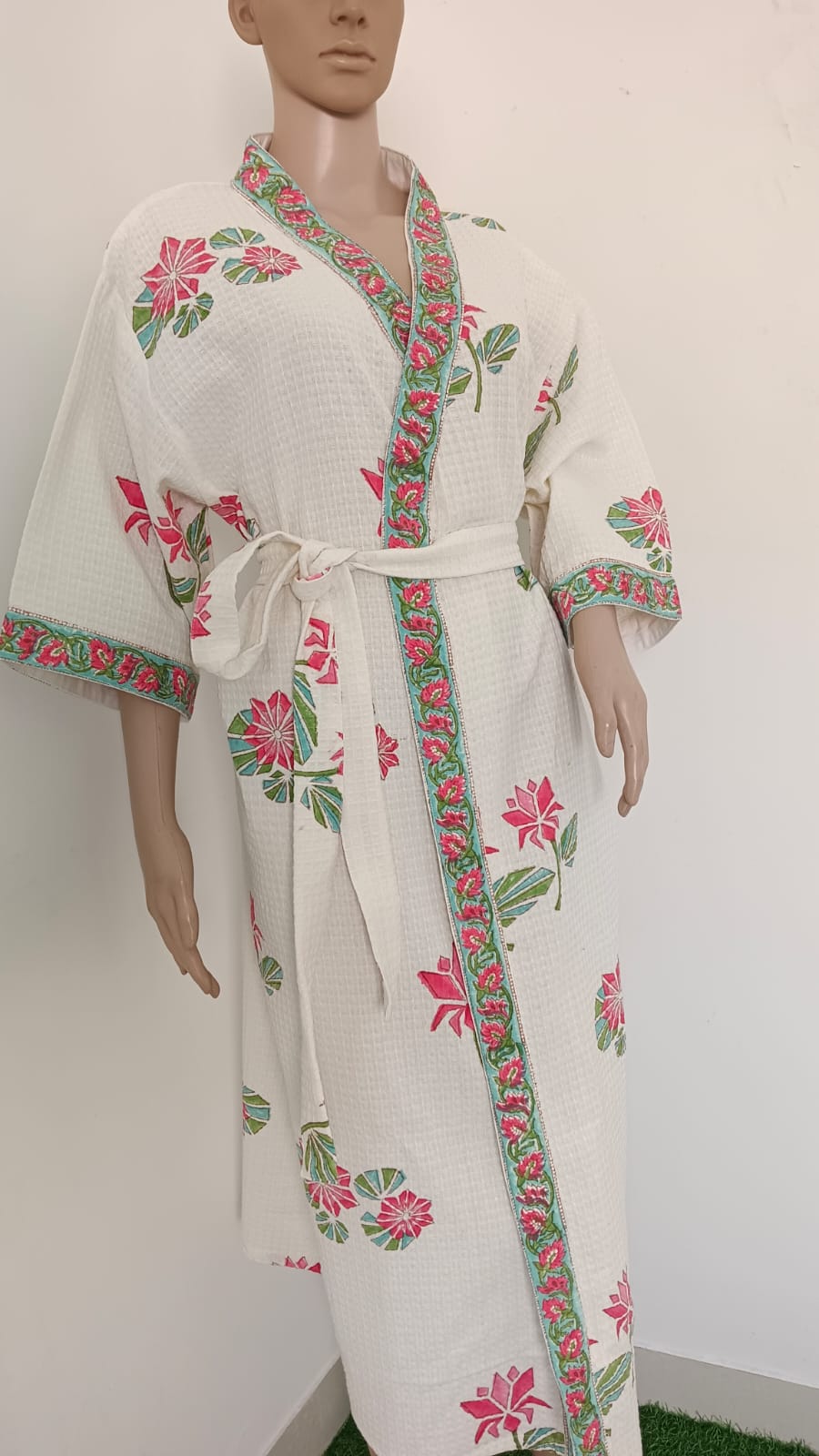 White Floral Adult Handblock Printed Bath Robes