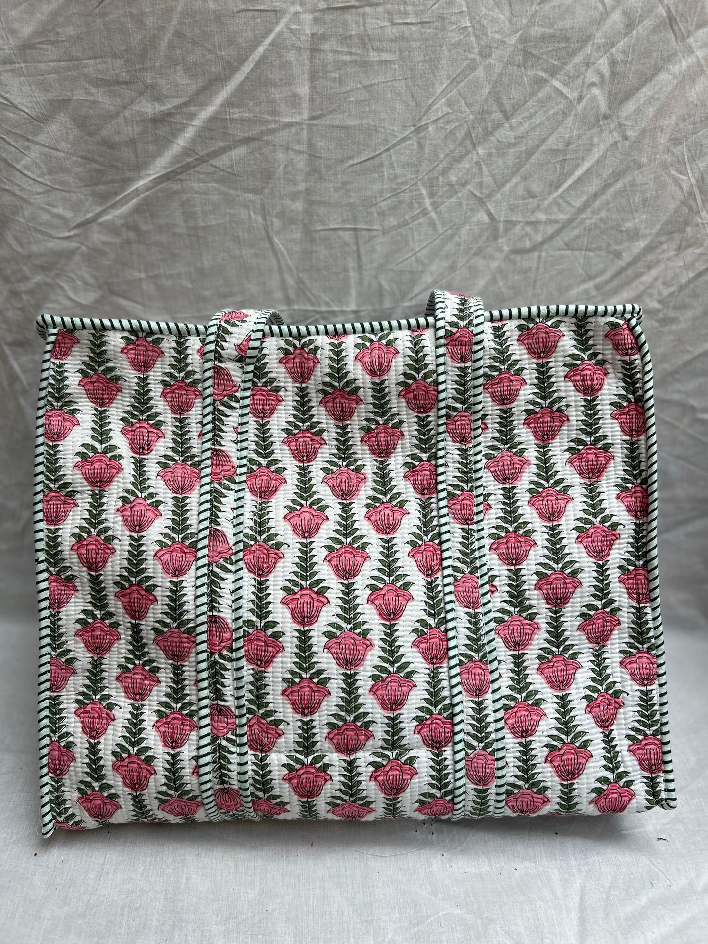 White Pink Floral Quilted Tote Bags With Zip