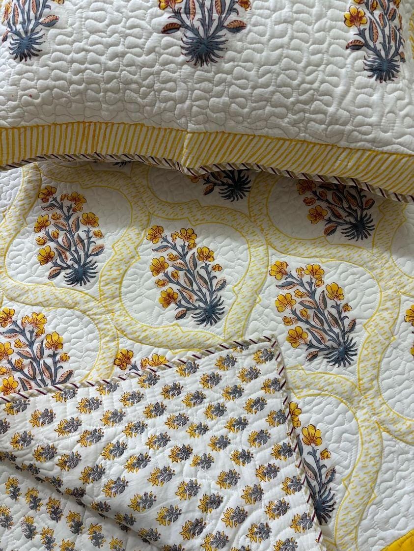 Yellow Floral Jaal Reversible Quilted Bedcover