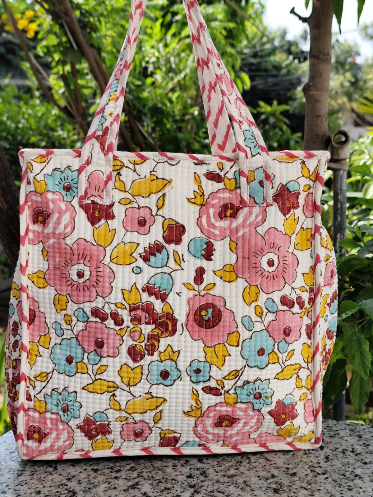 Quilted Hand block Printed Lunch Bag With Zip