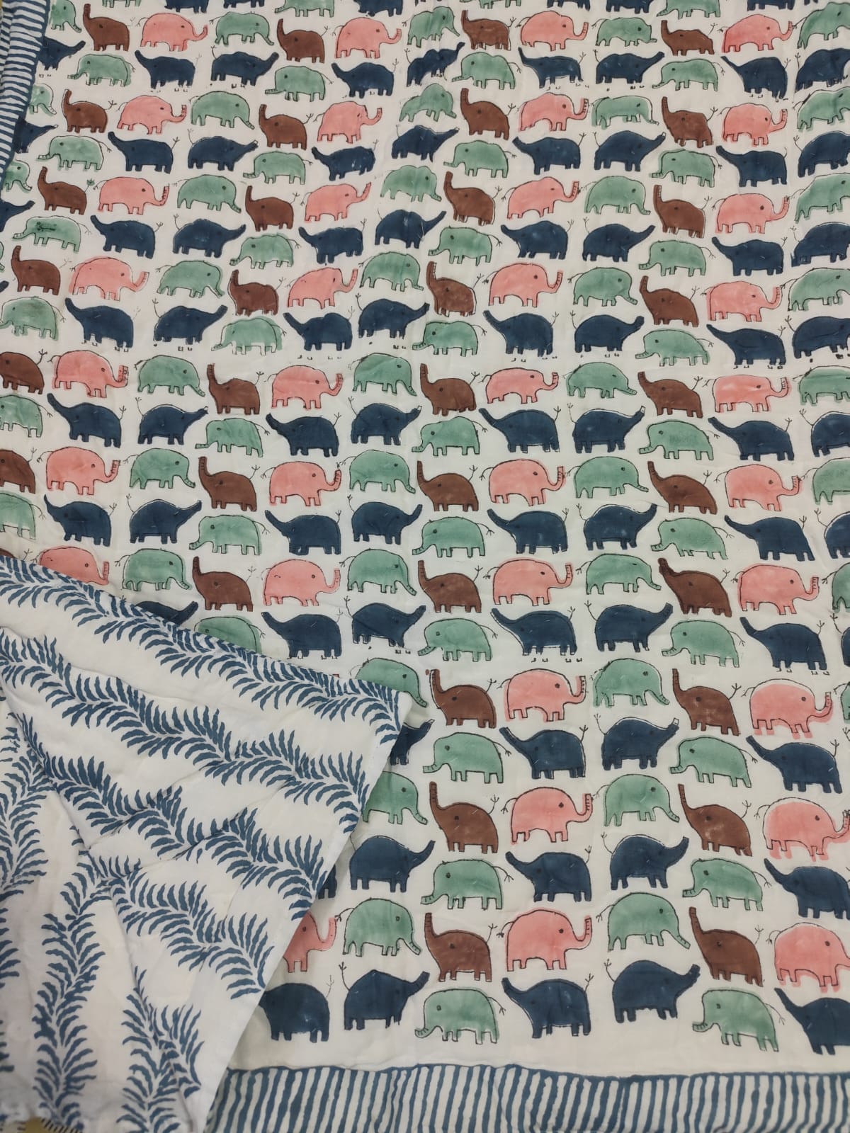 Elephants Handblock Printed Cotton Quilt