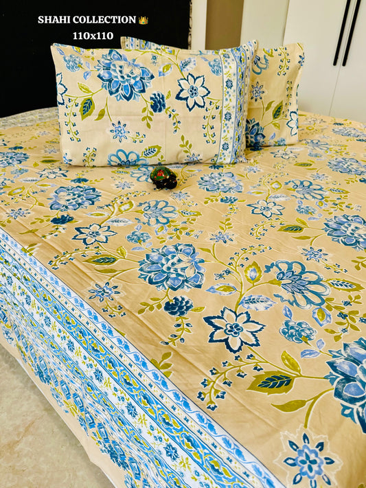 Blue and Yellow Vine Flowers King Size Bedsheet