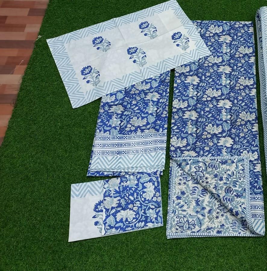 Blue Floral Hand block Printed Matching Dohar Reversible With Bedsheet