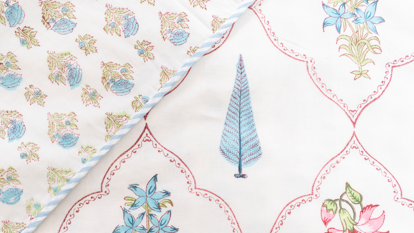 Blue Jaal Hand block Printed Matching Dohar Reversible With Bedsheet